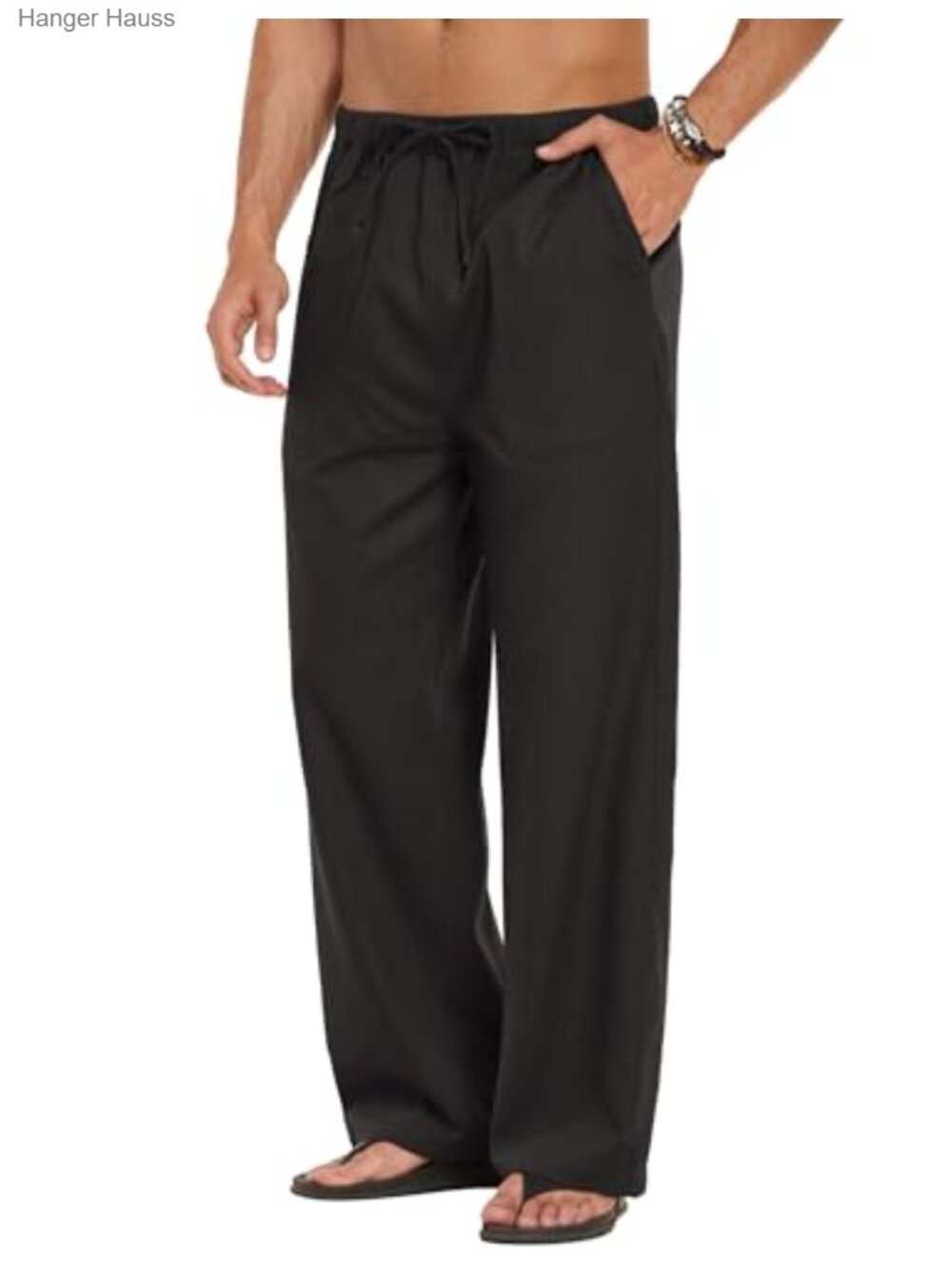 Men's Linen Pants Casual Elastic Waist Drawstring Straight Leg Beach Trousers